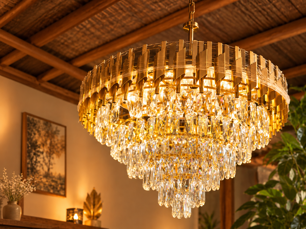 All-gold luxury crystal chandelier with cascading crystal drops in a warm rustic interior setting