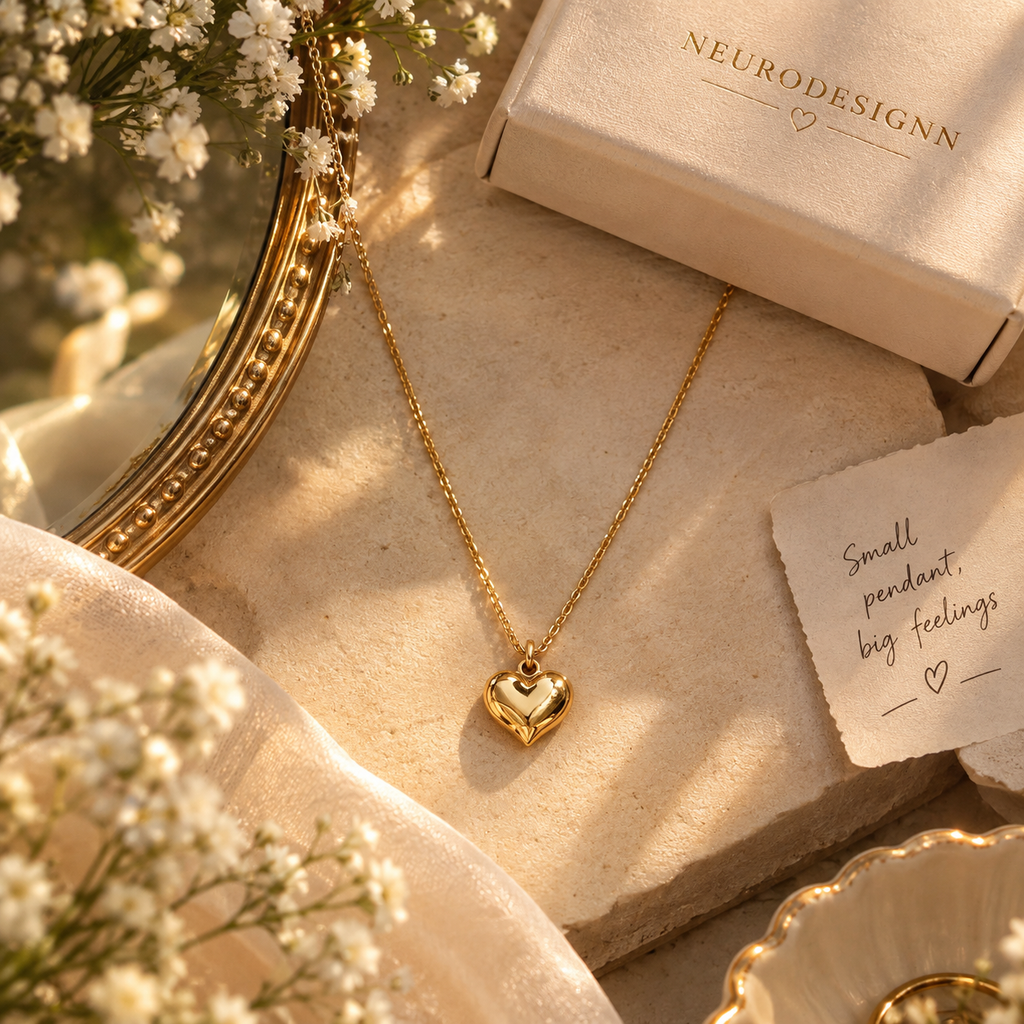 Elegant Gold Heart Pendant Necklace - Product flat lay with NEURODESIGNN box