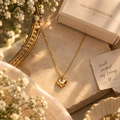 Elegant Gold Heart Pendant Necklace - Product flat lay with NEURODESIGNN box