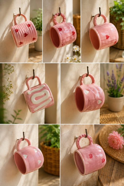 Pink heart ceramic handbag mug collection shown in multiple styles hung on hooks