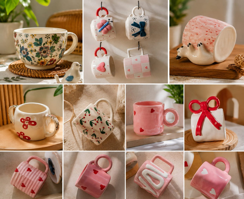 Full range of cute handbag ceramic mugs displayed together showing all available designs