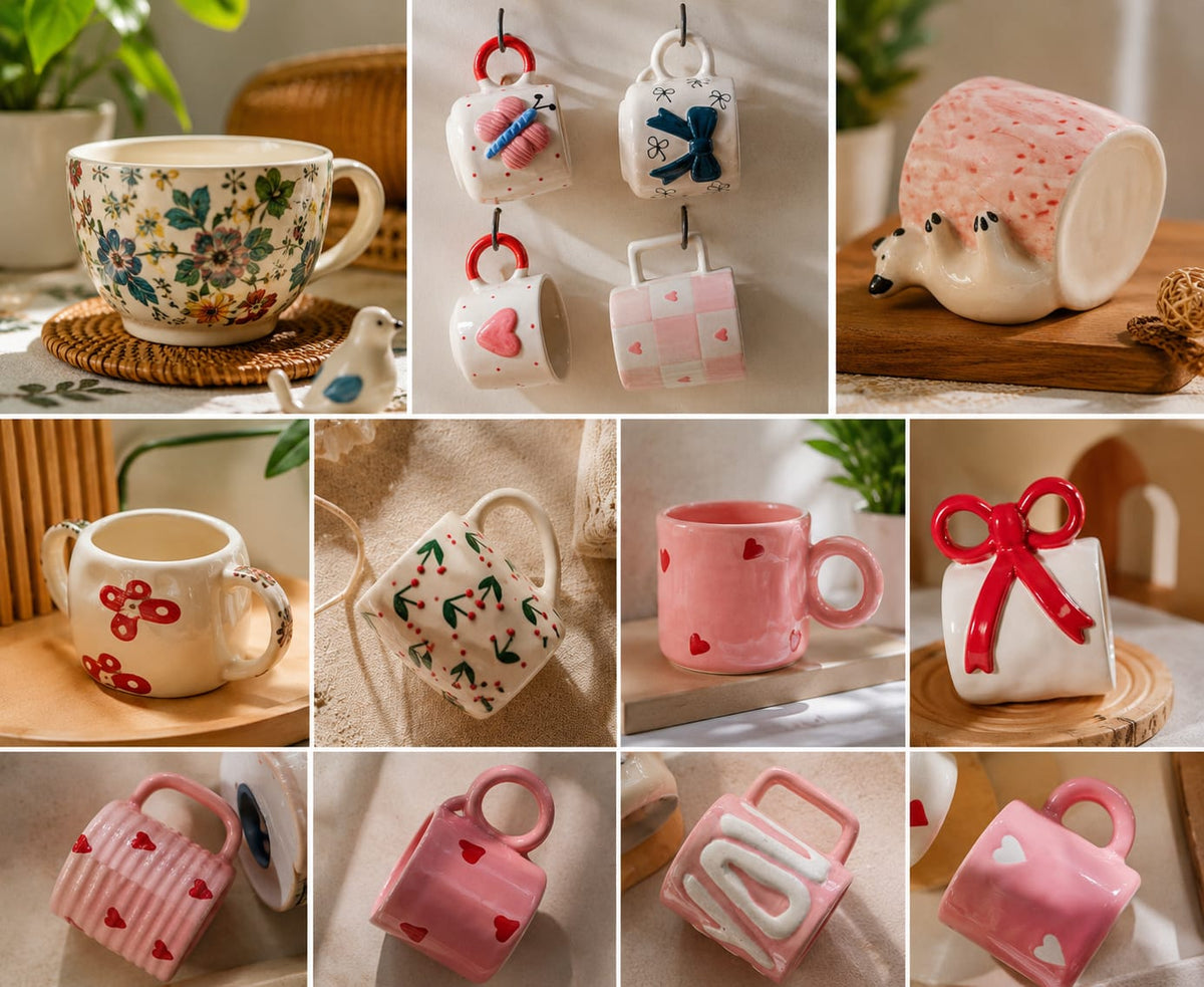 Full range of cute handbag ceramic mugs displayed together showing all available designs