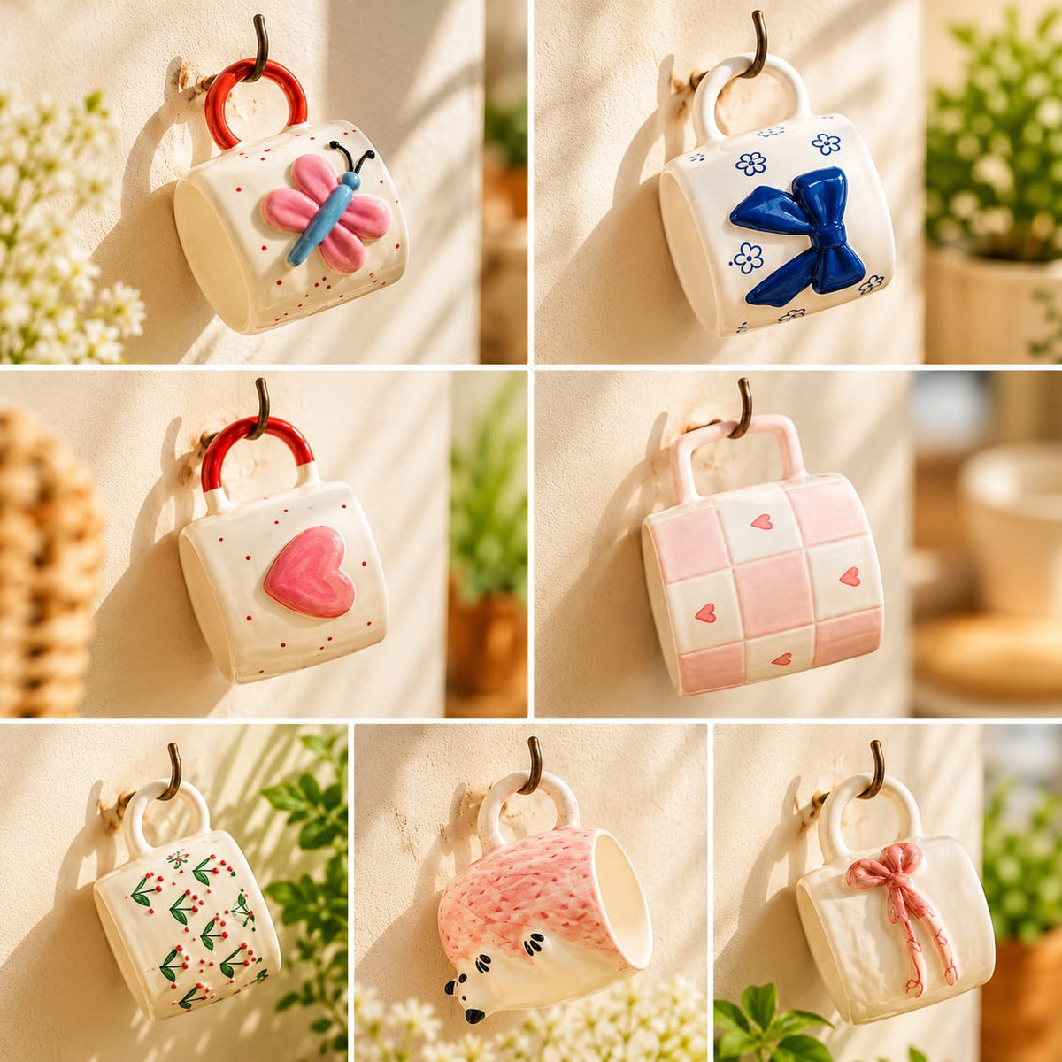 Close-up of white ceramic handbag mugs with butterfly, bow, heart and floral patterns