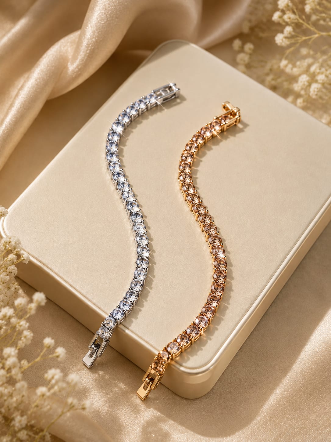 Luxury crystal tennis bracelet set featuring silver and gold rhinestone bracelets displayed on a cream jewellery tray with floral background