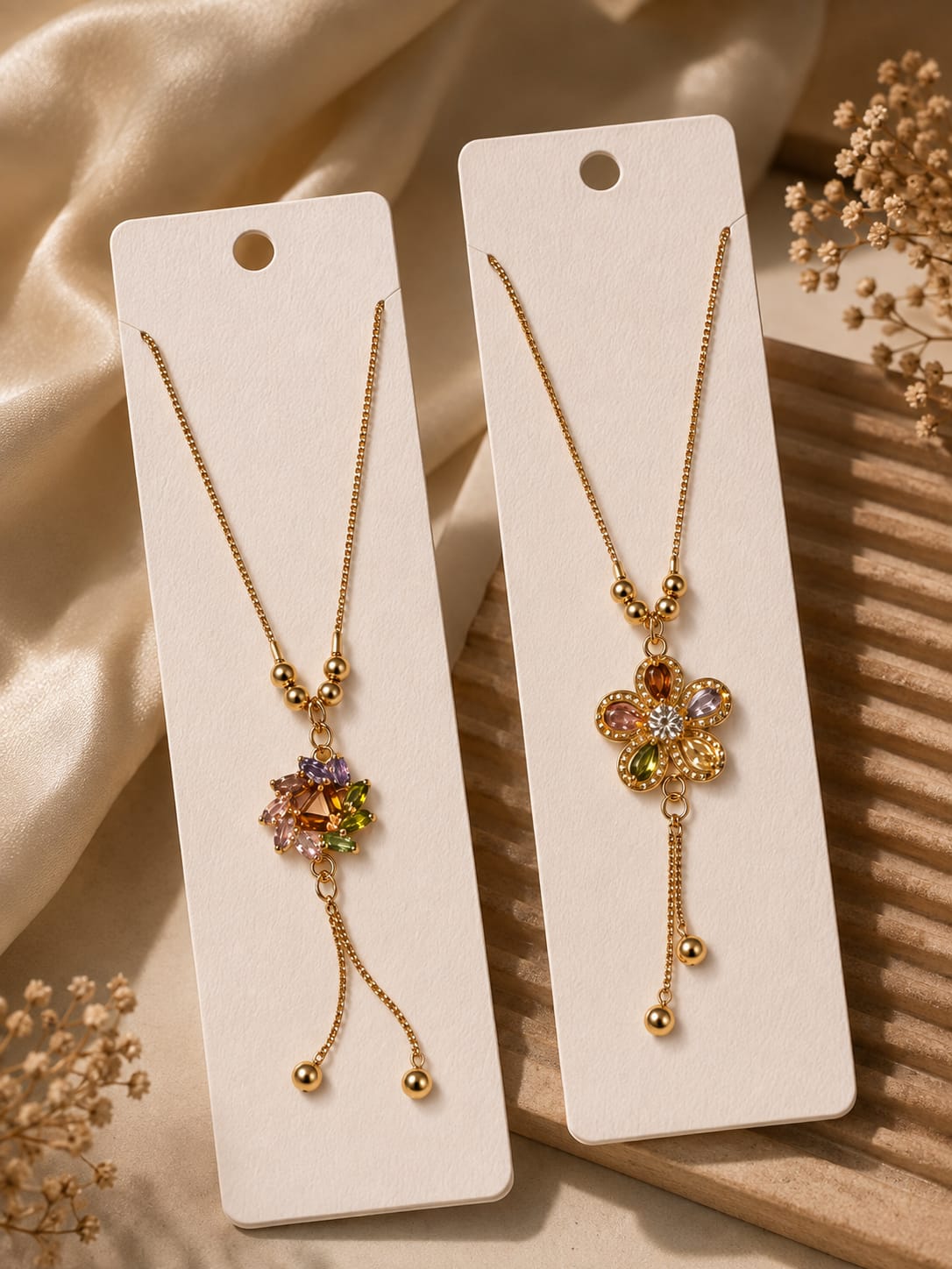 Two golden floral charm necklaces with multicoloured crystal flower pendants and tassel drops displayed on white jewellery cards
