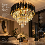 Luxury black and gold crystal chandelier hanging over a dining table in an elegant modern interior