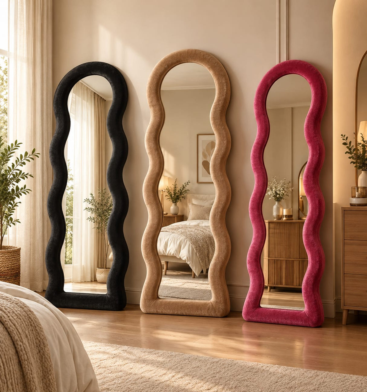 Wavy Full-Length Floor Mirror in Black, Beige, and Pink colours displayed in a modern bedroom