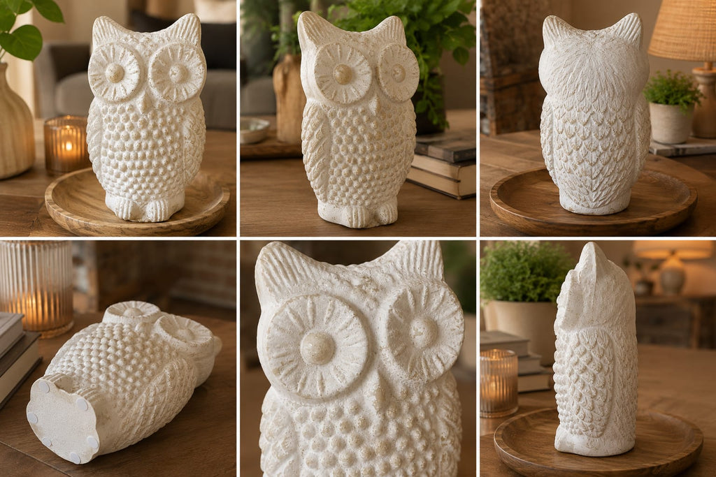 White owl figurine shown from multiple angles – front, back, side and close-up views