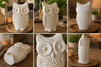 White owl figurine shown from multiple angles – front, back, side and close-up views