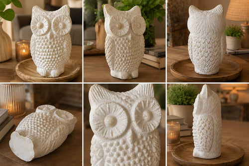 White owl figurine shown from multiple angles – front, back, side and close-up views