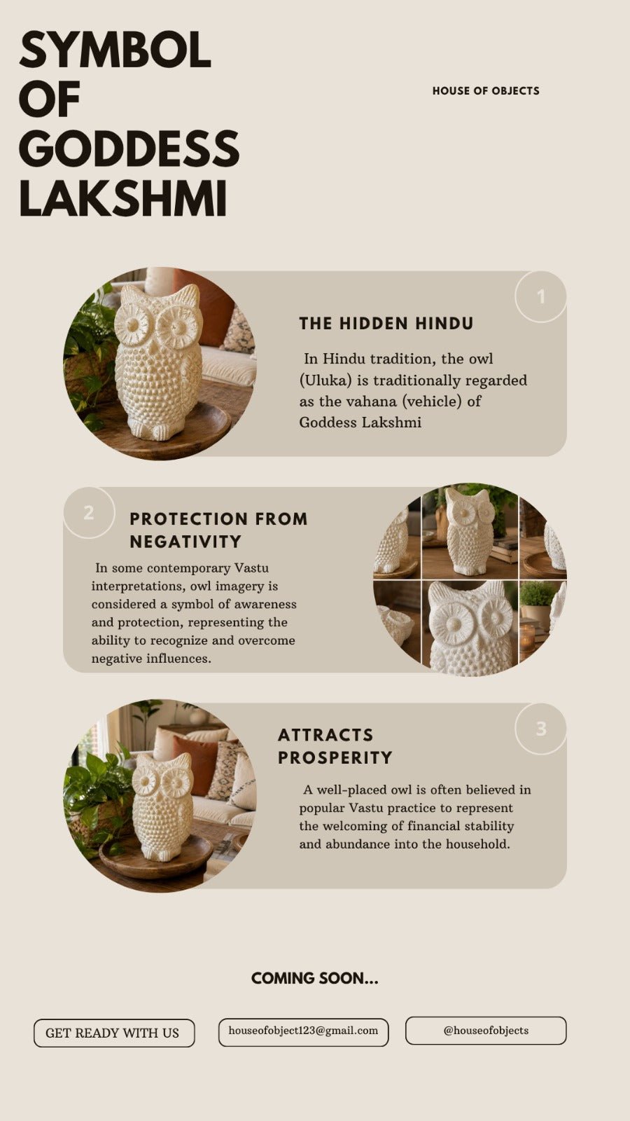 Infographic showing the owl as a symbol of Goddess Lakshmi with Vastu significance